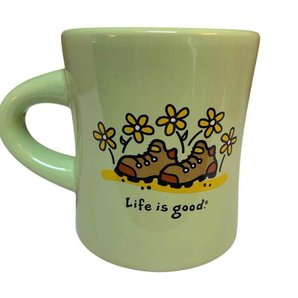 Life Is Good Diner Mug Hiking Boots and Daisies Light Green